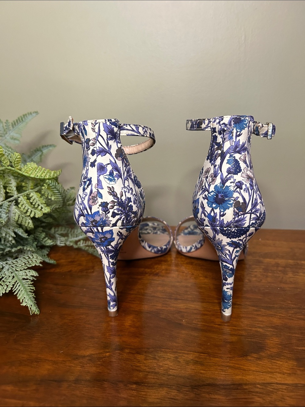 Blue and White Floral Ankle-Strap Heels *Like New* - Picture 3 of 6